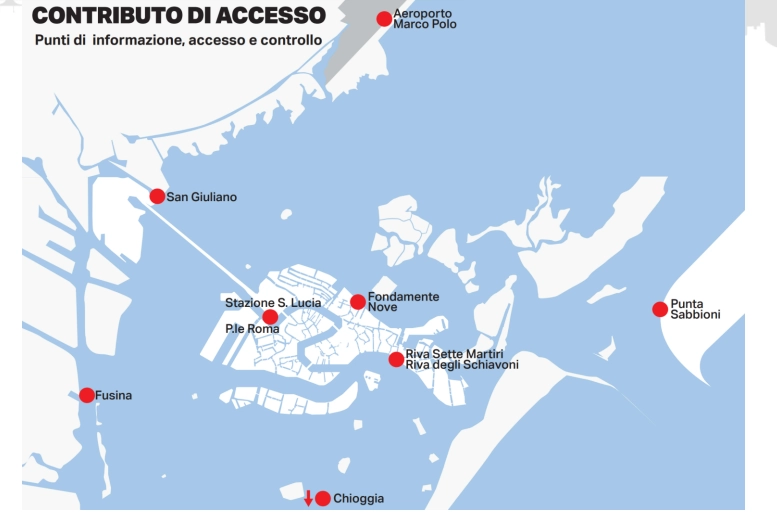 La mappa di Venezia con i punti di informazione, accesso e controllo del ticket
