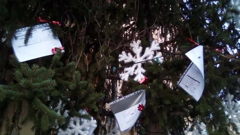 I verbali delle multe appesi all’albero di Natale di piazza Vittorio Emanuele