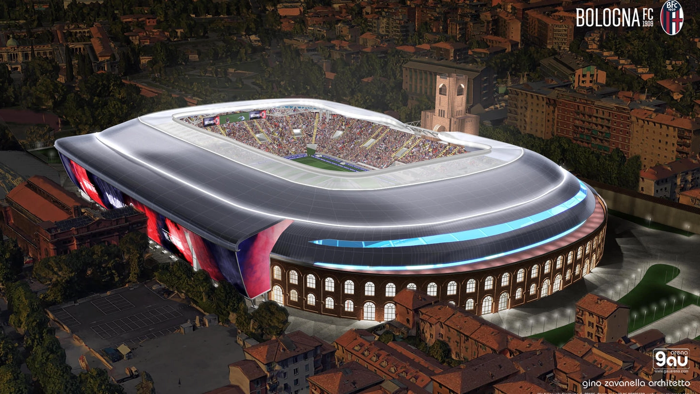 Rendering notturno del ‘nuovo’ stadio Dall’Ara firmato dall’architetto Gino Zavanella