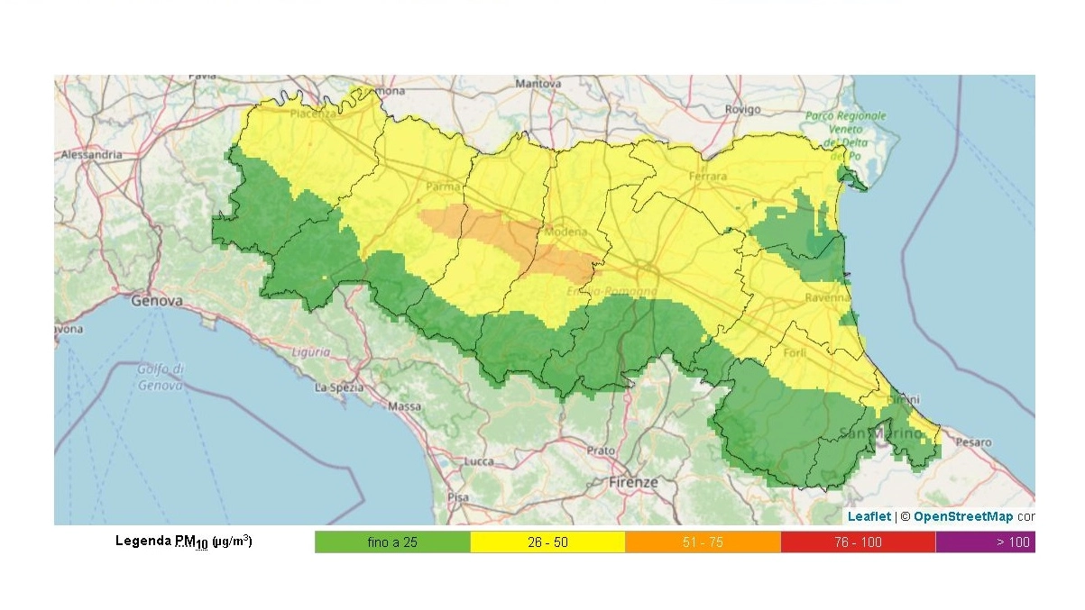 Smog Emilia Romagna, la mappa della qualità dell'aria (fonte Arpae-OpenStreetMap)