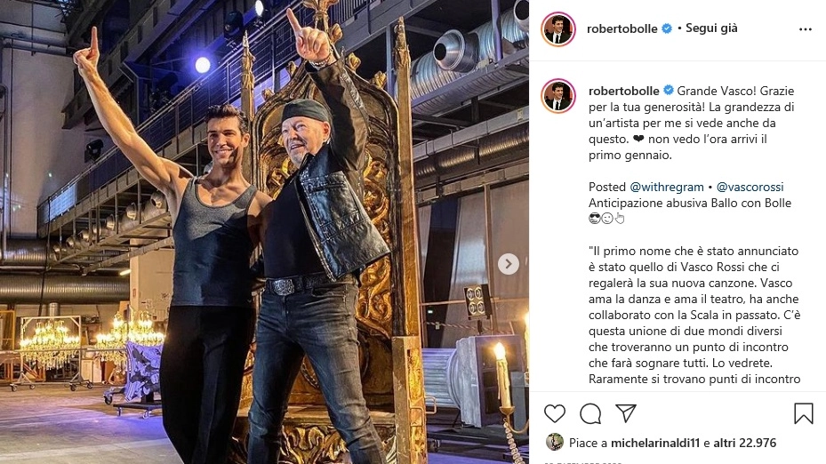 Vasco Rossi e Bolle nel post pubblicato dal ballerino su Instagram