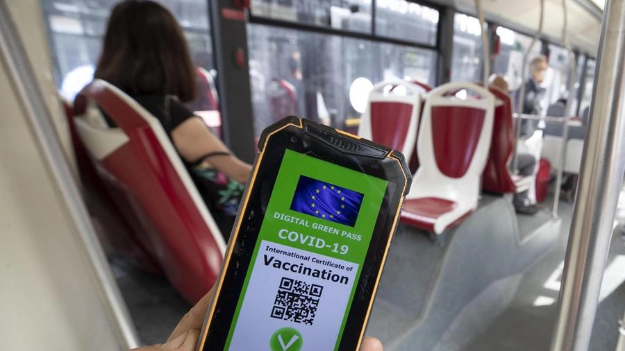 Uno smartphone mostra il Qr code di una certificazione verde Covid-19 sul bus (Ansa)