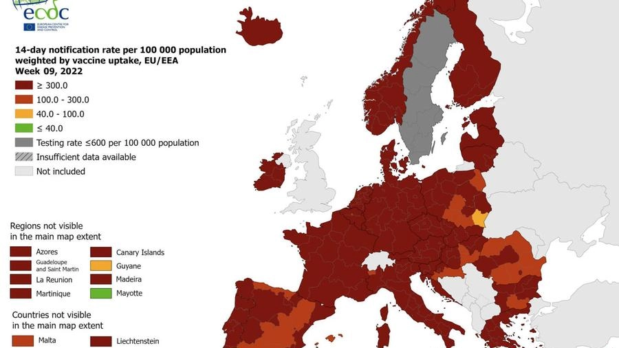 Covid, la mappa Ecdc (Ansa)