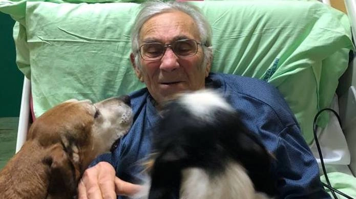 Elvio Donattini con i suoi amatissimio cani nel letto d’ospedale