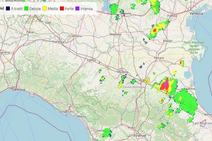 I temporali di oggi, 20 aprile,in Emilia Romagna (Arpae, Openstreetmap)