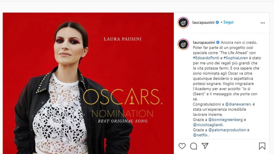 Laura Pausini festeggia la candidatura all'Oscar su Instagram (Ansa)