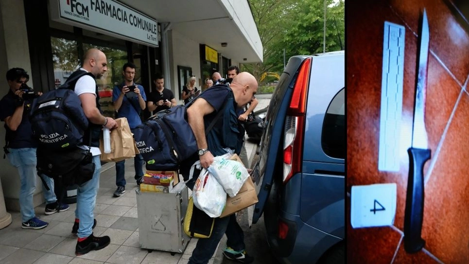 Il coltello usato per l'omicidio e la casa della tragedia (foto Fiocchi)