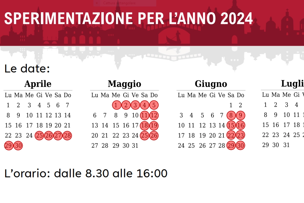 Il calendario con i giorni (in rosso) della sperimentazione del ticket a Venezia nel 2024
