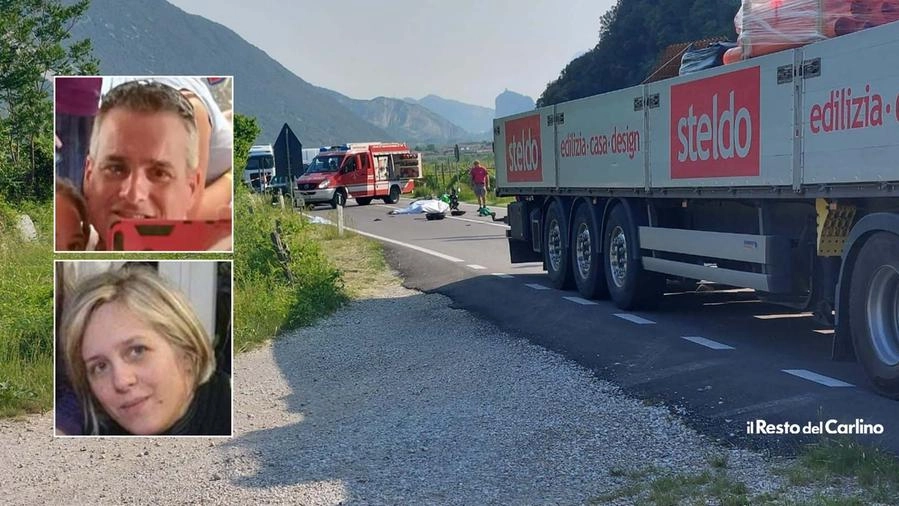 L'incidente sulla strada per Trento e a fianco le vittime, Ugo Beltrammi e Silvia Ruscelli