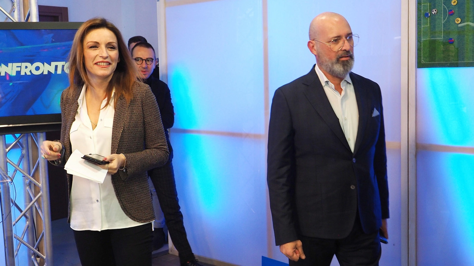 Lucia Borgonzoni e Stefano Bonaccini a E' tv per il confronto (Ansa)