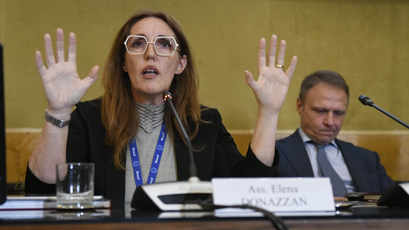 L'assessora della Regione Veneto Elena Donazzan, esponente di Fratelli d'Italia. Alle sue spalle il ministro Francesco Lollobrigida