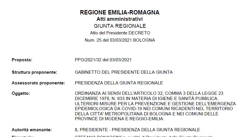 Ordinanza Regione Emilia Romagna del 3 marzo