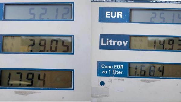 Da sinistra, i prezzi di gasolio e benzina sabato in Slovenia