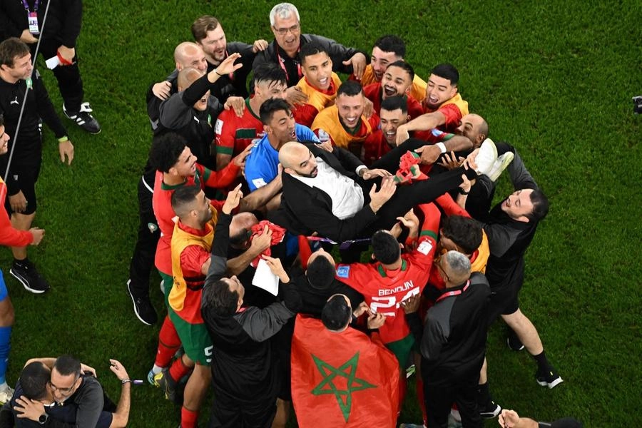 L'esultanza del Marocco che ha battuto il Portogallo (Ansa)