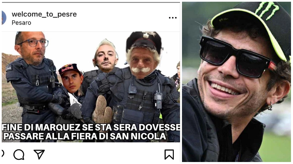 Spopola su Instagram il meme con Ricci, Andreani e il 'Baffo' nei panni dei poliziotti della pesaresità che si portano via Marquez. E Valentino mette 'mi piace' al post