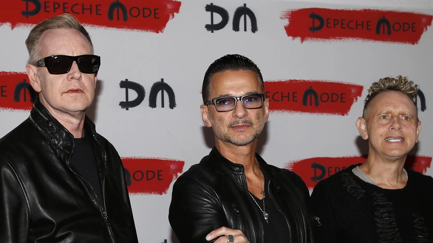 Andrew Fletcher, Dave Gahan e Martin Gore, dei Depeche Mode a Milano per annunciare il nuovo tour (Foto Ap)