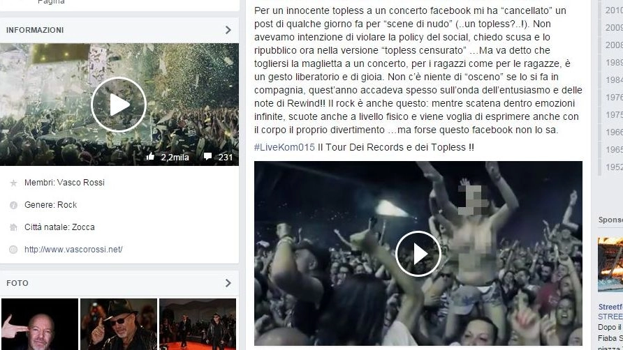 Vasco Rossi accusa su Facebook: “Topless censurato”