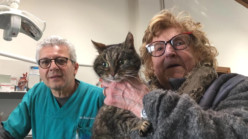 Norma Bertozzi con la gatta Gina e il veterinario Gianfranco Medri