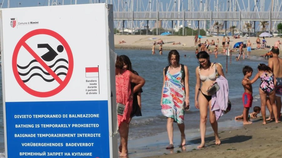 Bagnanti a riva in uno dei (tanti) punti di Rimini dov’era stata vietata la balneazione