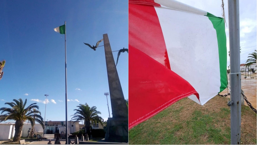 A sinistra la bandiera di prima, senza il drappo rosso; a destra è stata sostituita con una tricolore