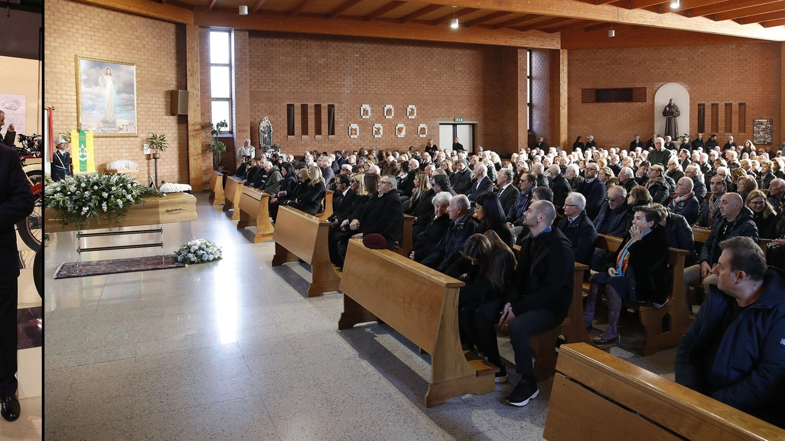 Pesaro: a sinistra Giancarlo Morbidelli, a destra il funerale (Fotoprint)