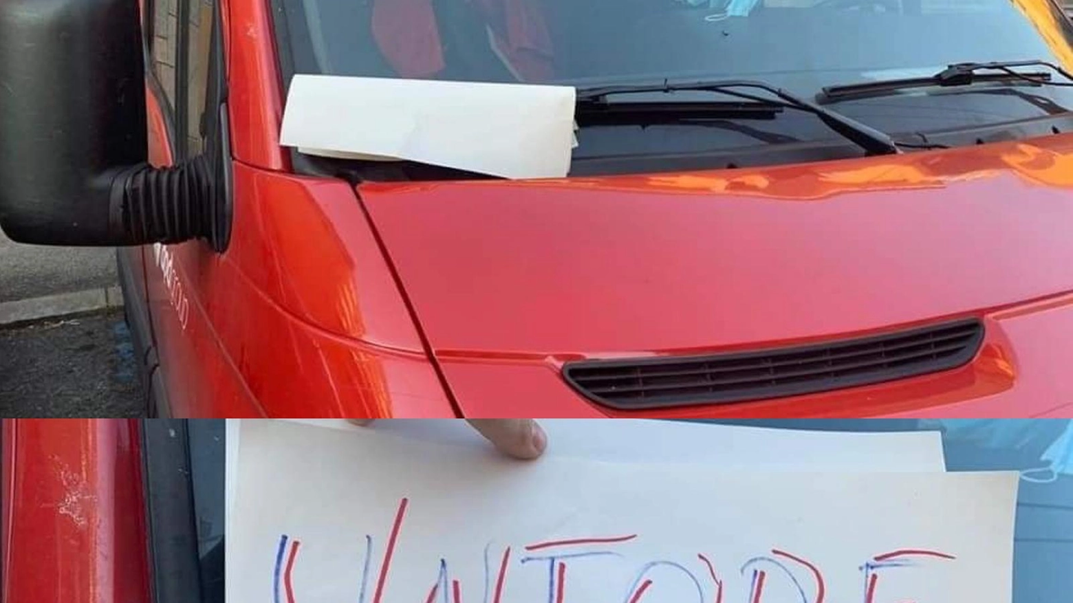  Un foglio con la parola 'untore' sul furgone di un corriere di Bartolini