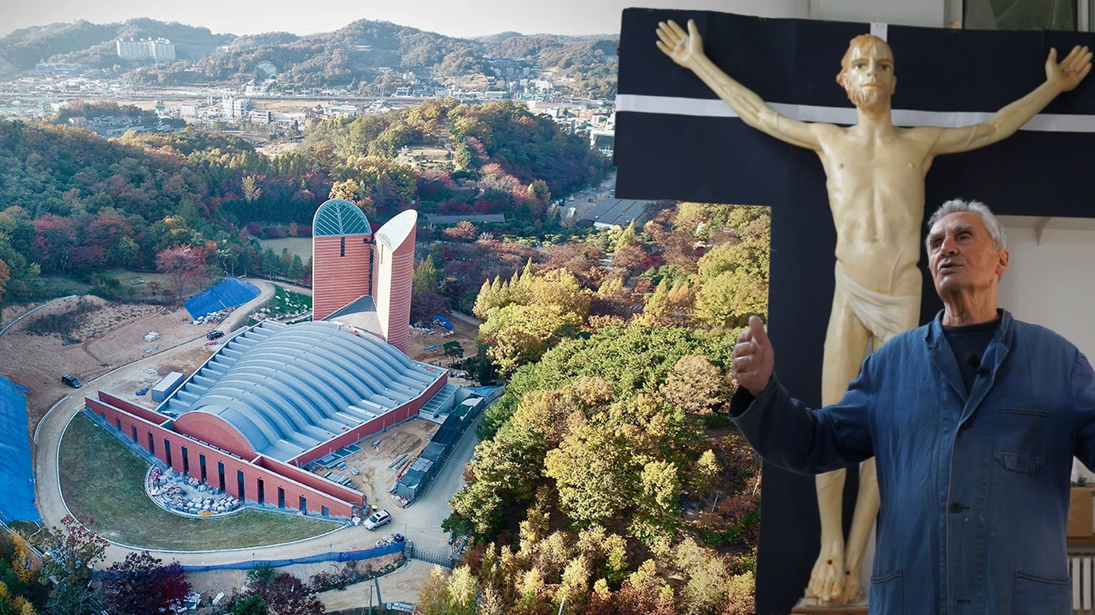 Giuliano Vangi con il suo Cristo e la chiesa dove andrà, a Seoul in Corea del Sud