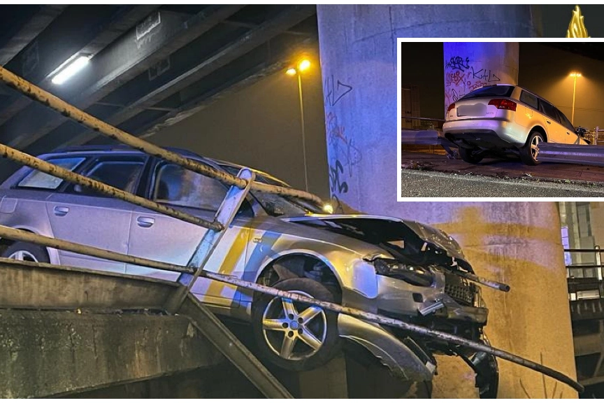 L'Audi A4 ha sfondato il guardrail ed è rimasta in bilico sul cavalcavia di Mestre