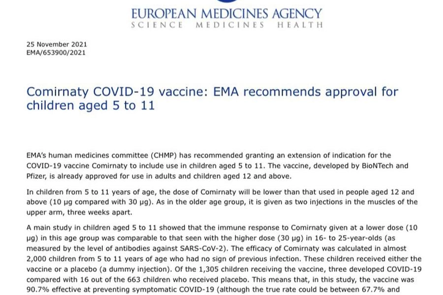 L'Ema approva vaccino per under 12