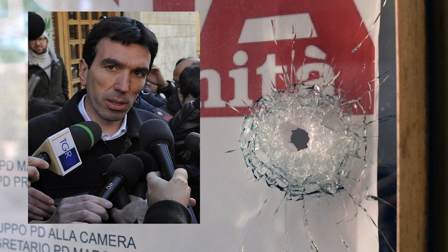 Il ministro Maurizio Martina e la sede Pd colpita dal proiettile (foto Calavita)
