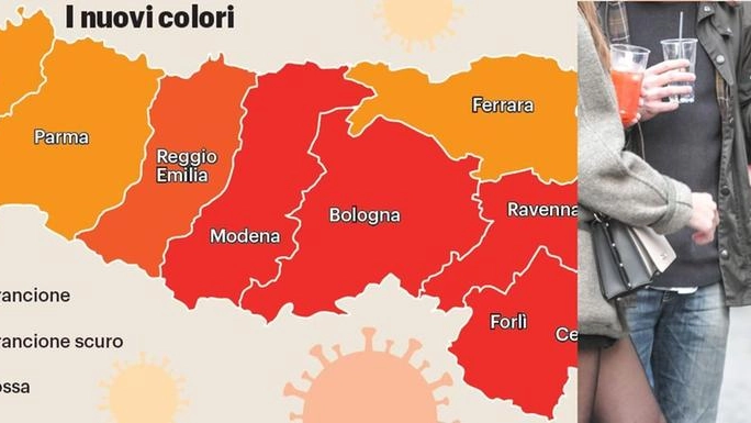Emilia Romagna zona rossa, arancione scuro e arancione, la mappa