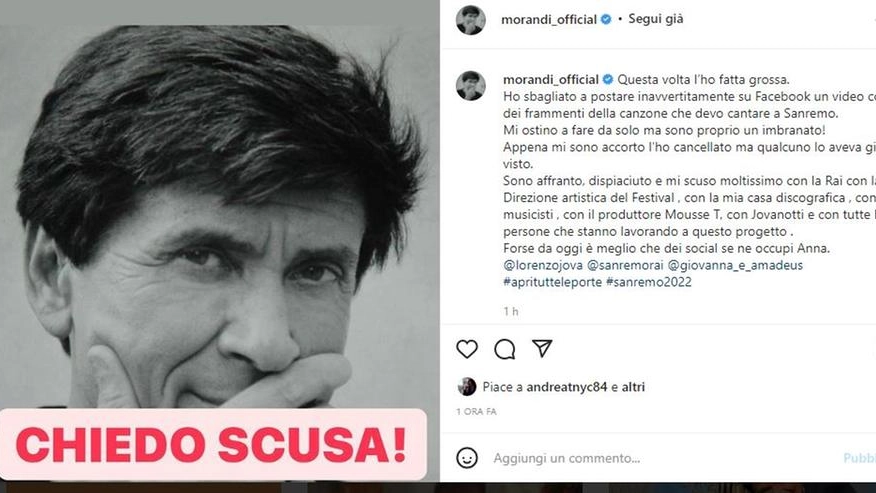 Le scuse social di Gianni Morandi riammesso a Sanremo 2022