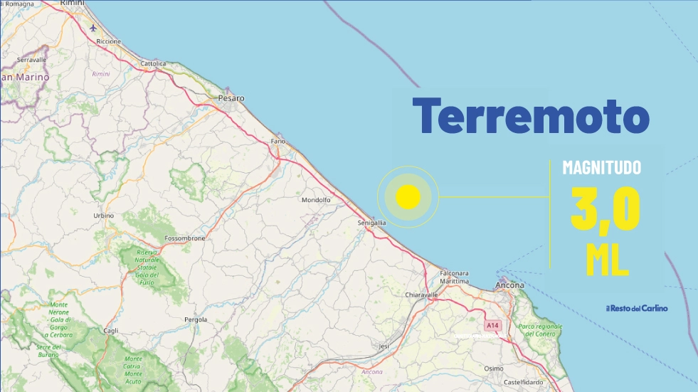 L'epicentro del terremoto di magnitudo 3.0 di oggi, 23 agosto, nelle Marche al largo della costa anconetana