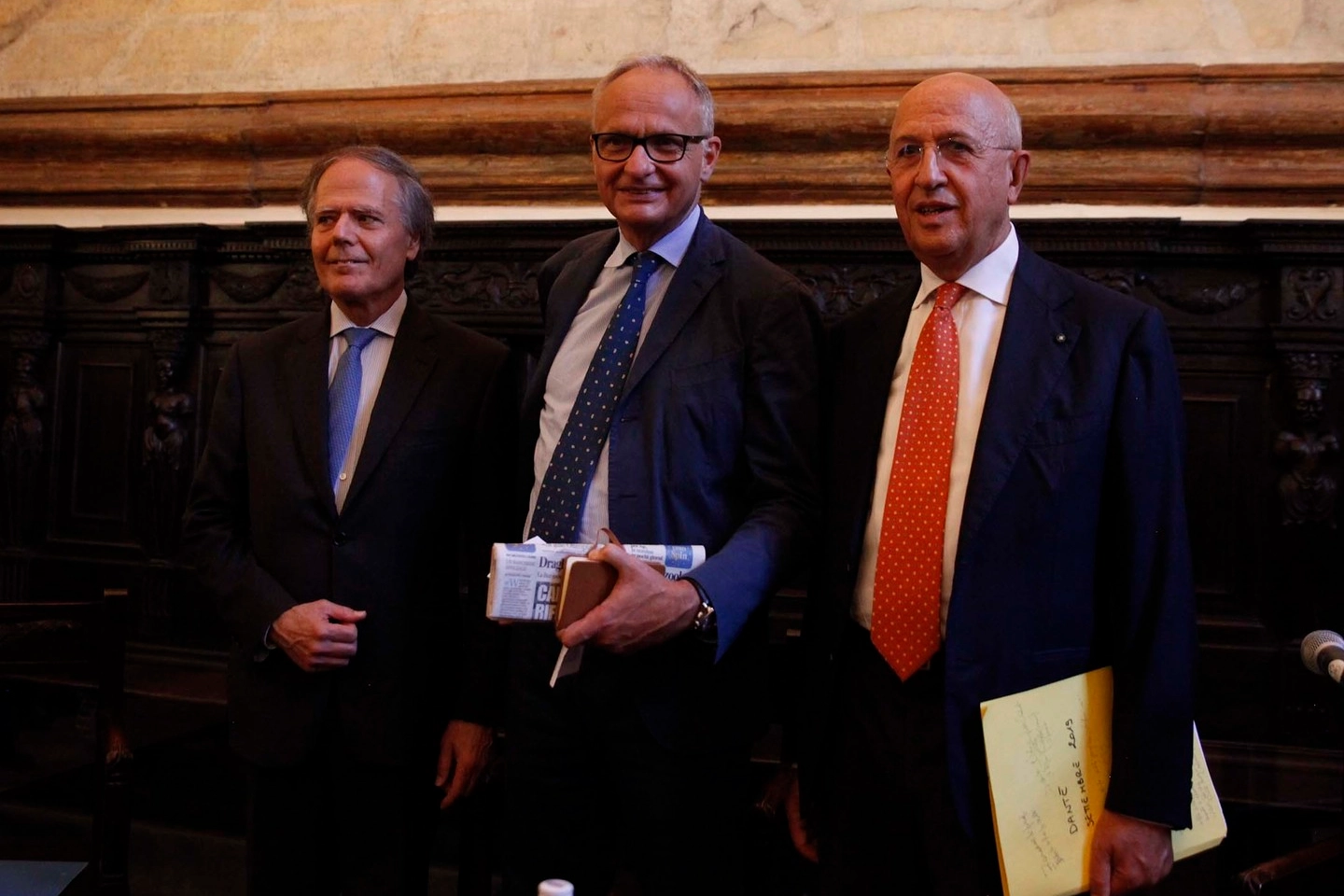 Da sinistra Enzo Moavero Milanesi, Michele Brambilla e Antonio Patuelli (Foto Corelli)