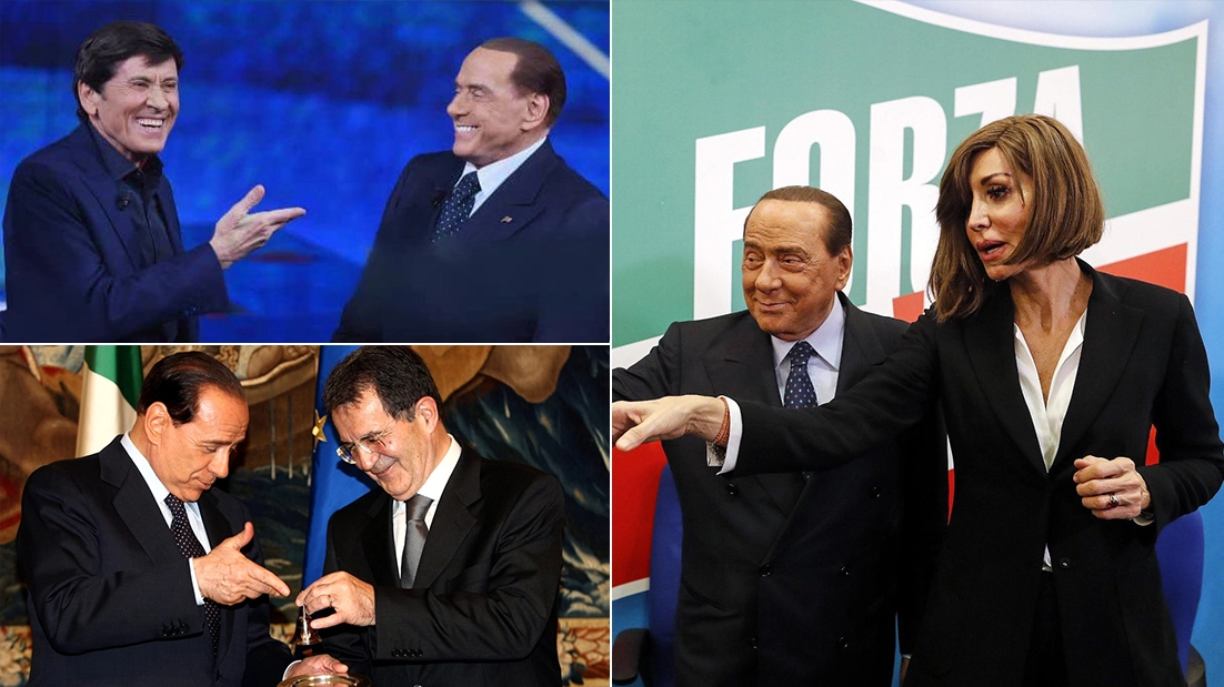 Silvio Berlusconi con Gianni Morandi, Romano Prodi e Anna Maria Bernini