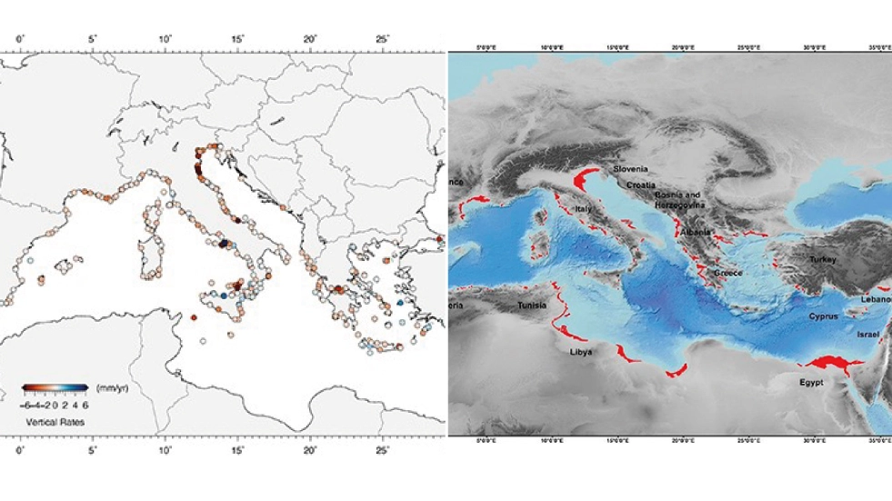 A sinistra, le stazioni GNSS considerate nello studio, poste entro 5 km dalla costa. I colori rappresentano le velocità di subsidenza in mm/anno secondo la scala riportata in basso; a destra, In rosso sono evidenziate 163 pianure costiere principali più esposte all'aumento del livello del mare al 2100-2150