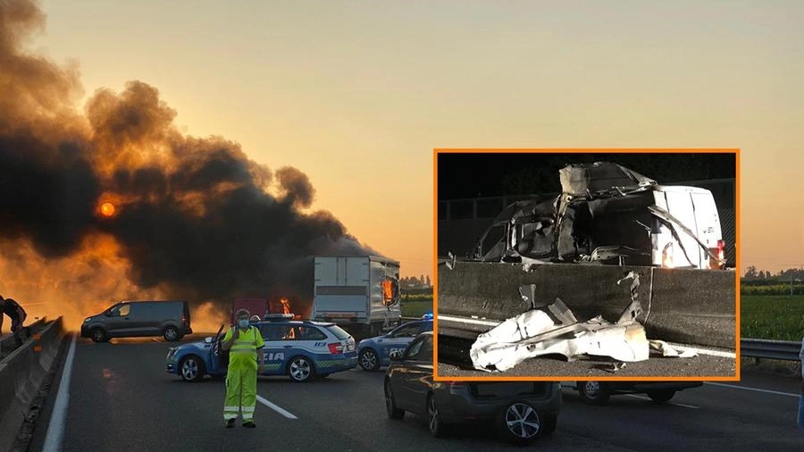 Modena, rapina a un portavalori (nel riquadro) sulla A1: un mezzo in fiamme