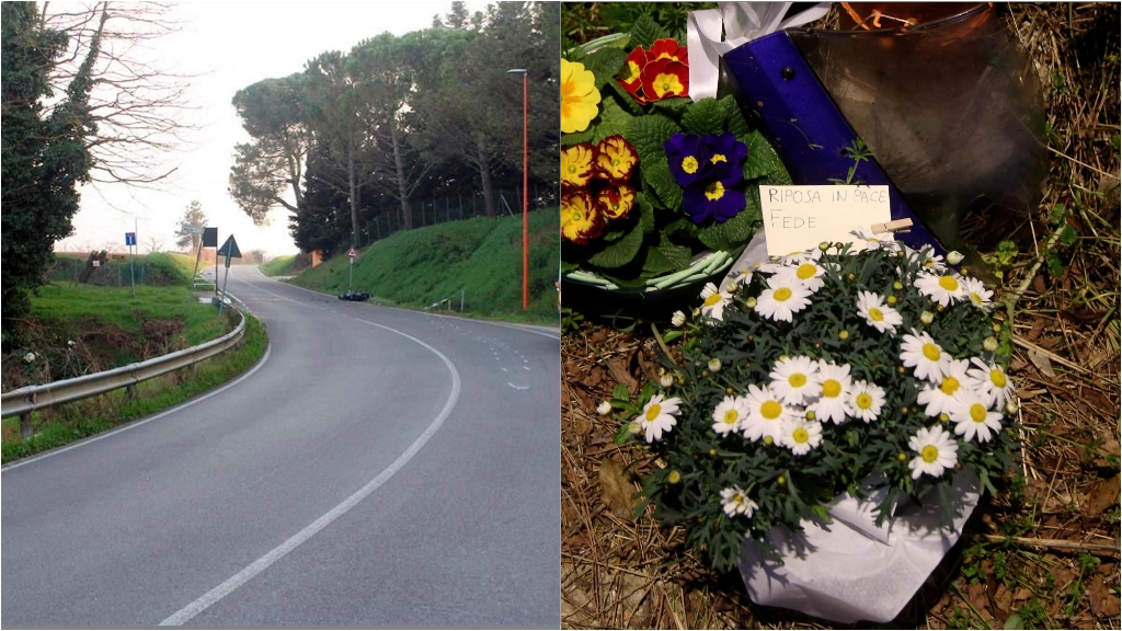 I rilievi della polizia locale sul luogo dell’incidente stradale tra San Carlo e Borello e a fianco fiori e biglietti di cordoglio per Federico Para