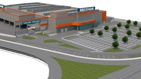 Il rendering del negozio Bricoman che sorgerà al posto delle Arbe Grafiche