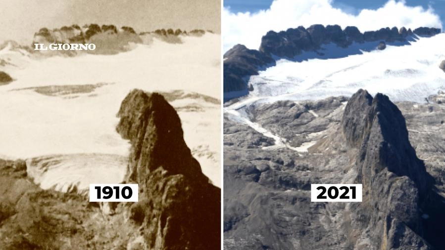 Il ghiacciaio della Marmolada a inizio Novecento e nel 2021 (Giovanni Baccolo)