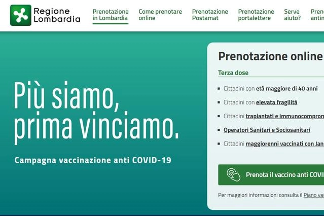 La schermata per la prenotazione del vaccino