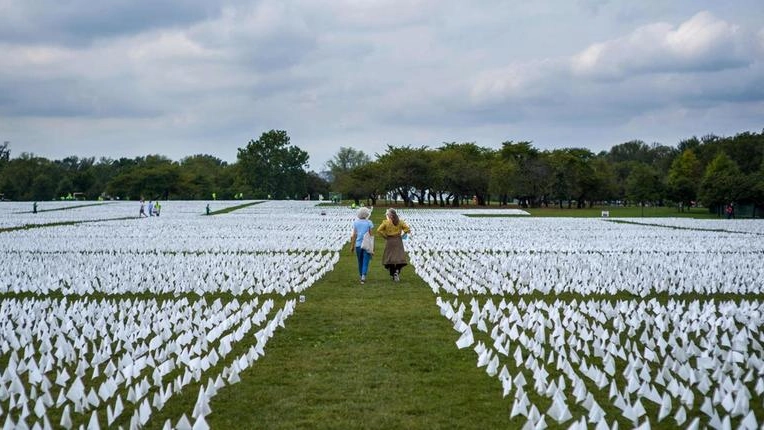 Washington, 600mila bandiere bianche per ricordare le vittime del Covid (Ansa)