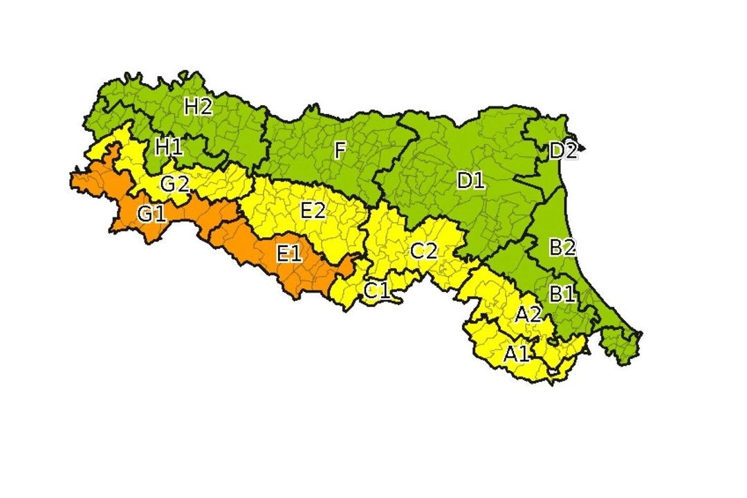 Le zone dell'allerta meteo in Emilia Romagna (mappa ArpaEr)