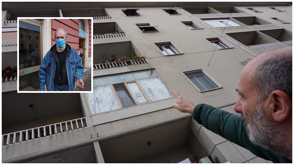 La finestra del condominio di via Urbino dove è avvenuta la tragedia; nel riquadro, Marco Guidi, il fratello della vittima