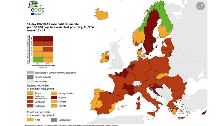 Ecdc: la mappa settimanale dei contagi Covid in Europa