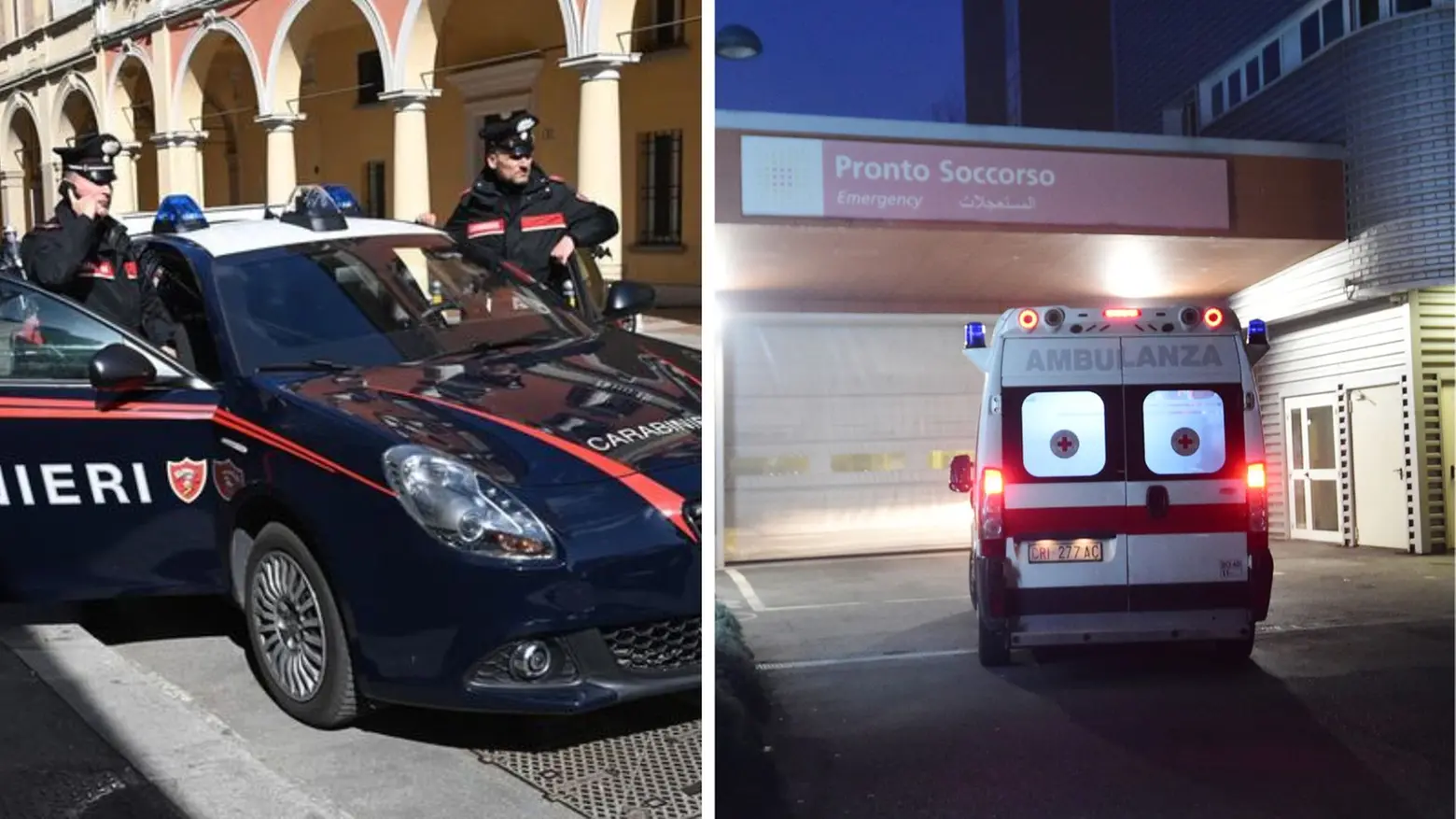 I carabinieri in via Albertoni e un'ambulanza fuori dal pronto soccorso del Sant'Orsola