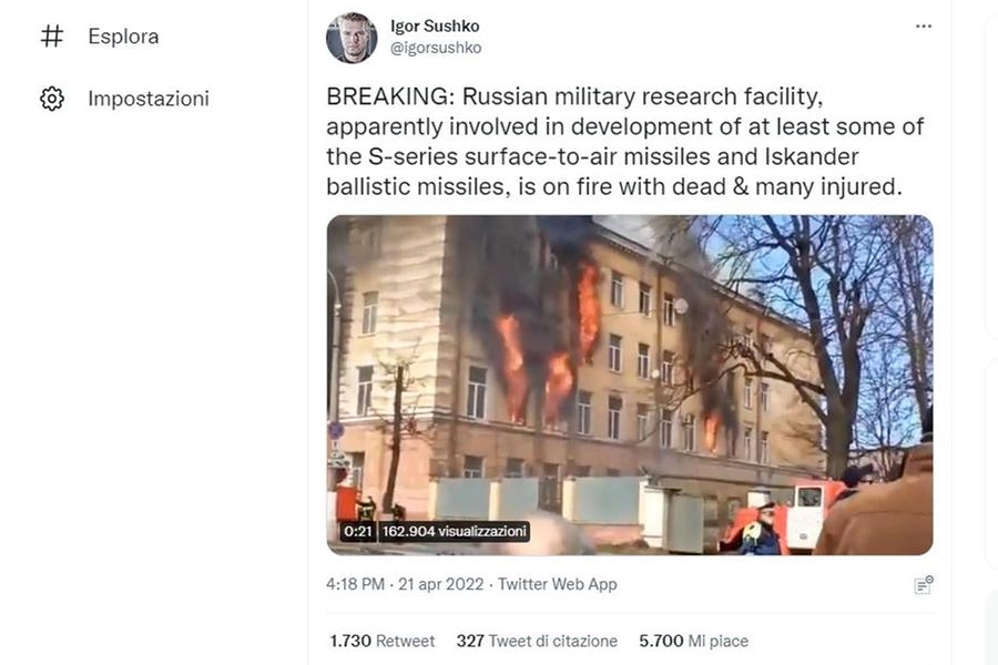 Incendio a Tver nell'istituto che sviluppa missili