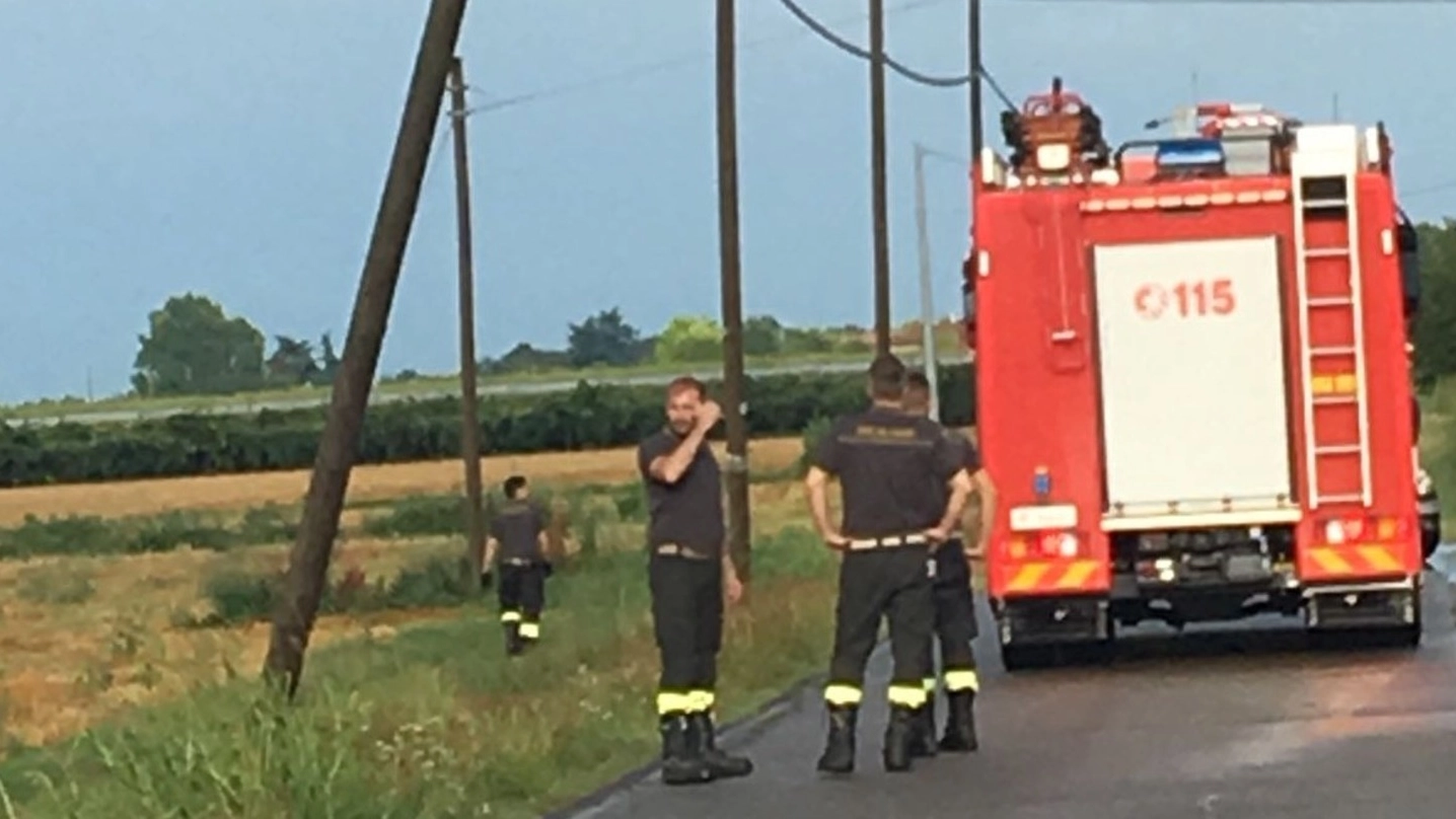 I vigili del fuoco intervenuti a Castelfranco dove diversi pali del telefono sono stati divelti