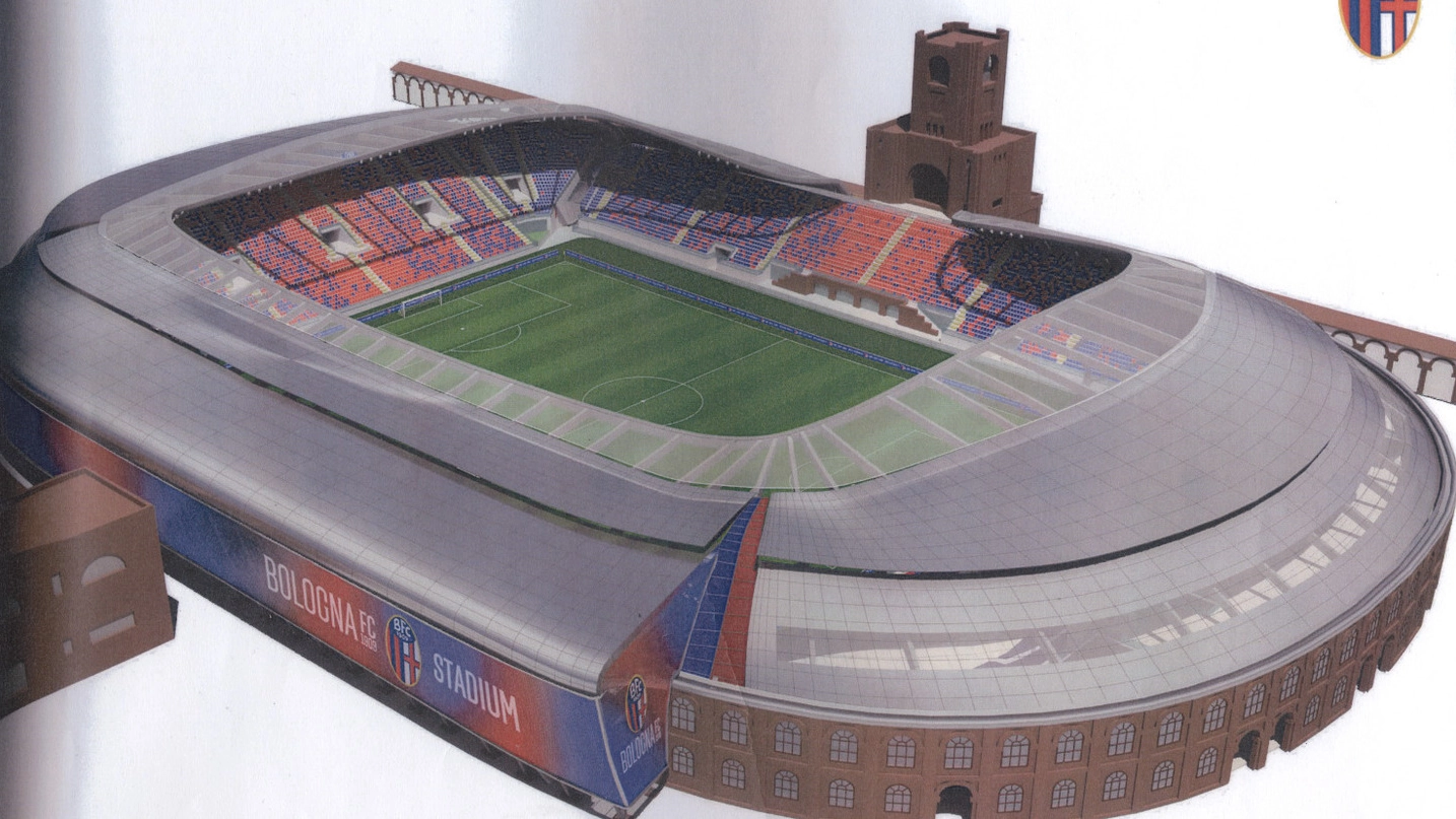 Il rendering che mostra come sarà lo stadio Dall’Ara dopo il restyling