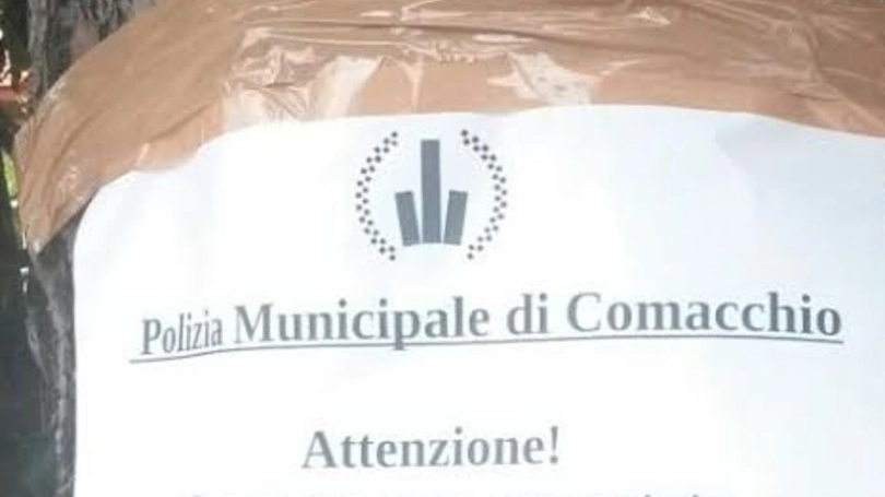 Esche chiodate, il cartello affisso a Comacchio
